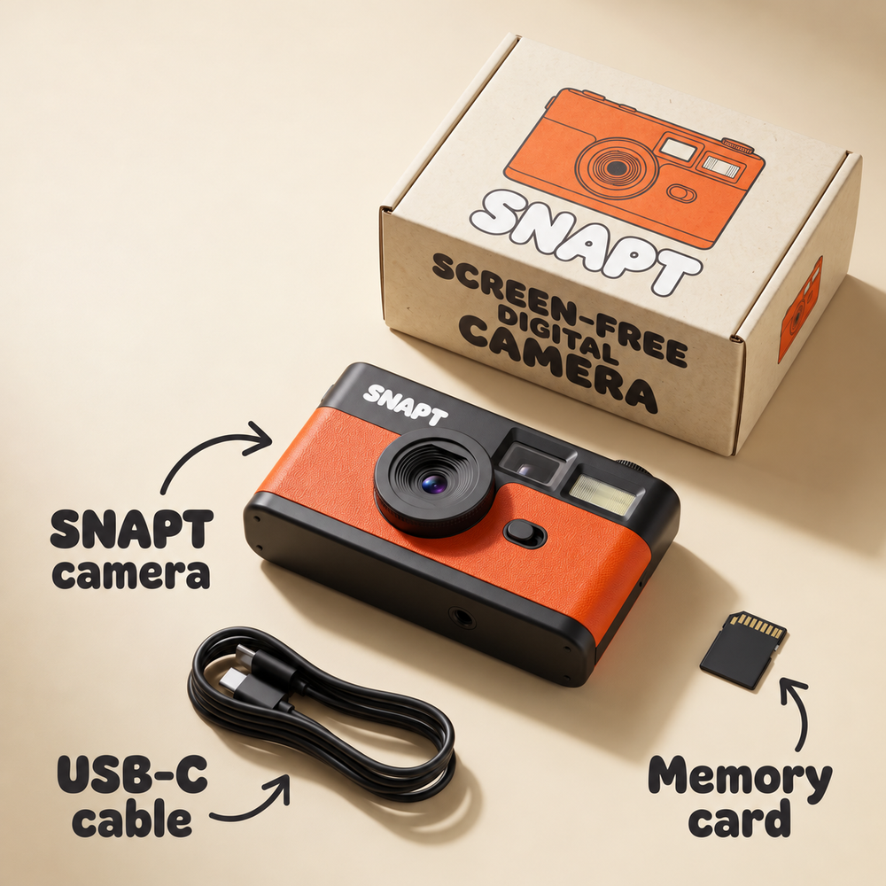 SNAPT camera with its box, USB-C cable and memory card